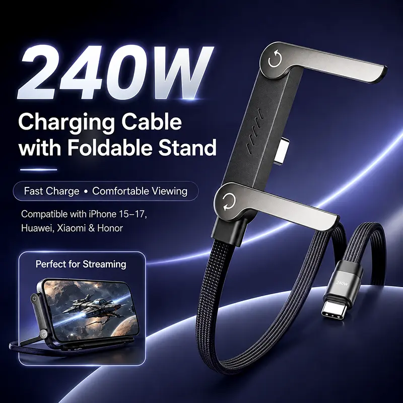 Invisible Phone Stand Charging Cable 2-in-1 Fast Charge Cable for iPhone Samsung Type-C Devices Car Desk Gaming Accessories