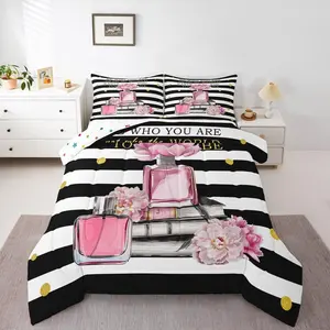 Feelyou Multi-Size Breathable Polyester Fiber Comforter Set - Pink Floral Printed Patchwork, Soft Bedding, Girly Modern Quilt Cover, Travel Ready, Queen Size Option Available (Boho Black-White Striped Design for Teens)