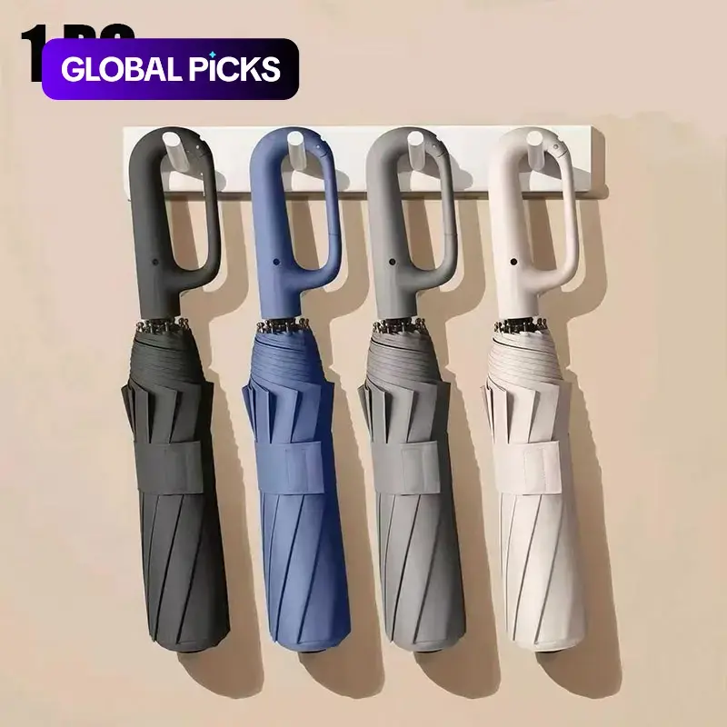 Automatic Folding Umbrella, Hangable Ring Handle, Compact Portable Design, Assorted Colors for Travel, Commuting, Shopping and Daily Use