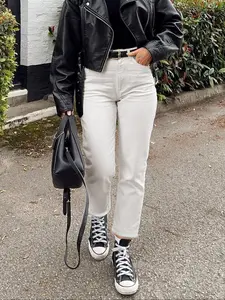 Women's Casual Fitted Denim Jeans, Basic Plain Pattern, Elastic Comfortable Straight-Leg Nine-Point Pants for All Seasons, Minimalist