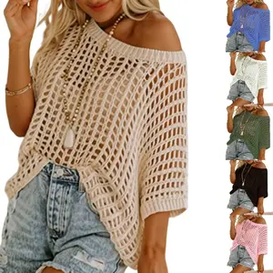 Sexy & Stylish Women's Summer Scoop Neck Short Sleeve Sweater, TikTok Viral Casual Crochet Hollow Out Knit Tops Pullover Shirts Beach Coverup