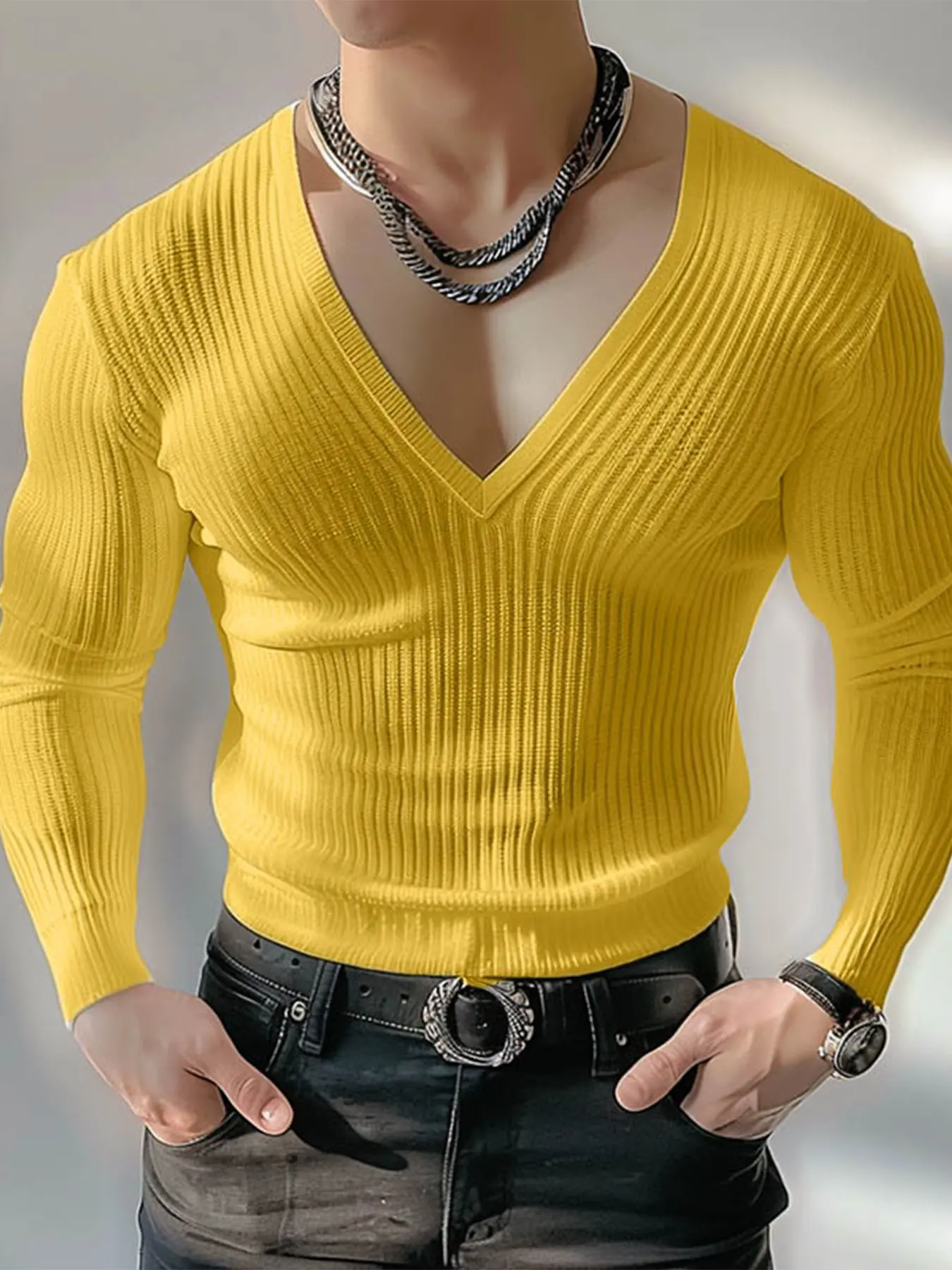 INCERUN Men's Fashion Casual Solid Color T-Shirt, V-Neck Knitted Long Sleeve Fitted Top, Perfect for Daily Wear, Comfortable and Stylish Polyester Fabric, Menswear, Vneck