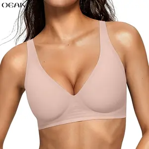 OEAK Womens Wireless Seamless Bras Deep V No Underwire Push Up Jelly Bras Supportive Full Coverage Bralettes Plunge T Shirt Bra