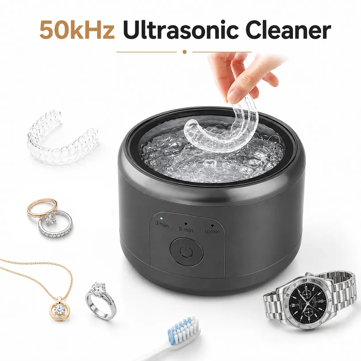 Pure Nova USB Rechargeable 50kHz Vibration Ultrasonic Denture Cleanser Case - Cordless, 1-Button Operation, Compact, Portable, for Home & Travel Oral Care of Braces, Retainers, Aligners, Deep Clean Cleansing