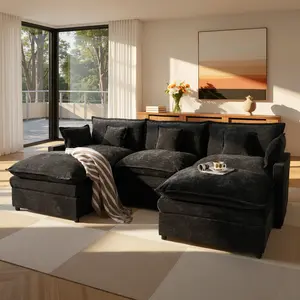 OOSWIFT 108-Inch Oatmeal U-Shaped Modern Large Modular Sectional Sofa Cloud Sofa, Comfortable Chenille Deep Seat Sofa Bed (with 5 Throw Pillows), for Living Room, Bedroom, Apartment, 5-Seater