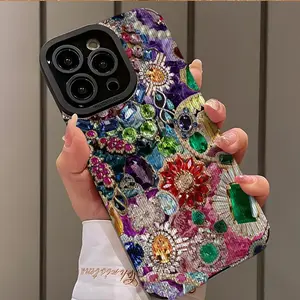 Flower & Rhinestone Decor Phone Case, Cellphone, Fashion Phone Protective Cover, Protector, Phone Accessory Compatible with Smartphone iPhone 16 15 14 13 12 11 Plus Pro Max, Casing