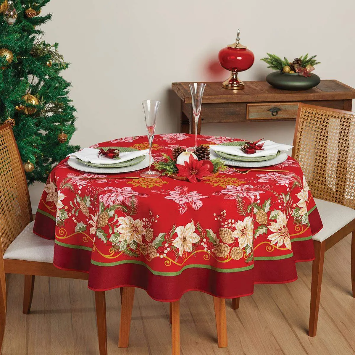 Cotton-Polyester Round Christmas Printed Tablecloth with Pink Poinsettias, Pine Cones, Gold Details, Piping - Stain-Resistant, Easy-Clean, Machine-Washable, Durable Indoor Kitchen Linen (8"-10" Drop) Traditional Home Decor Cover