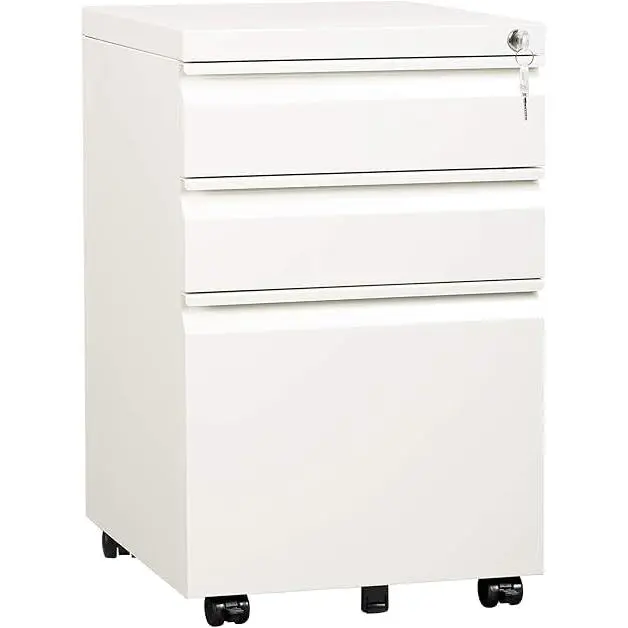 Garvee Three-Drawer Metal Filing Cabinet with Lock, Office Filing Cabinet, Steel Drawer Storage Cabinet, Compact Office Organizer Suitable for Home Office File Storage, White