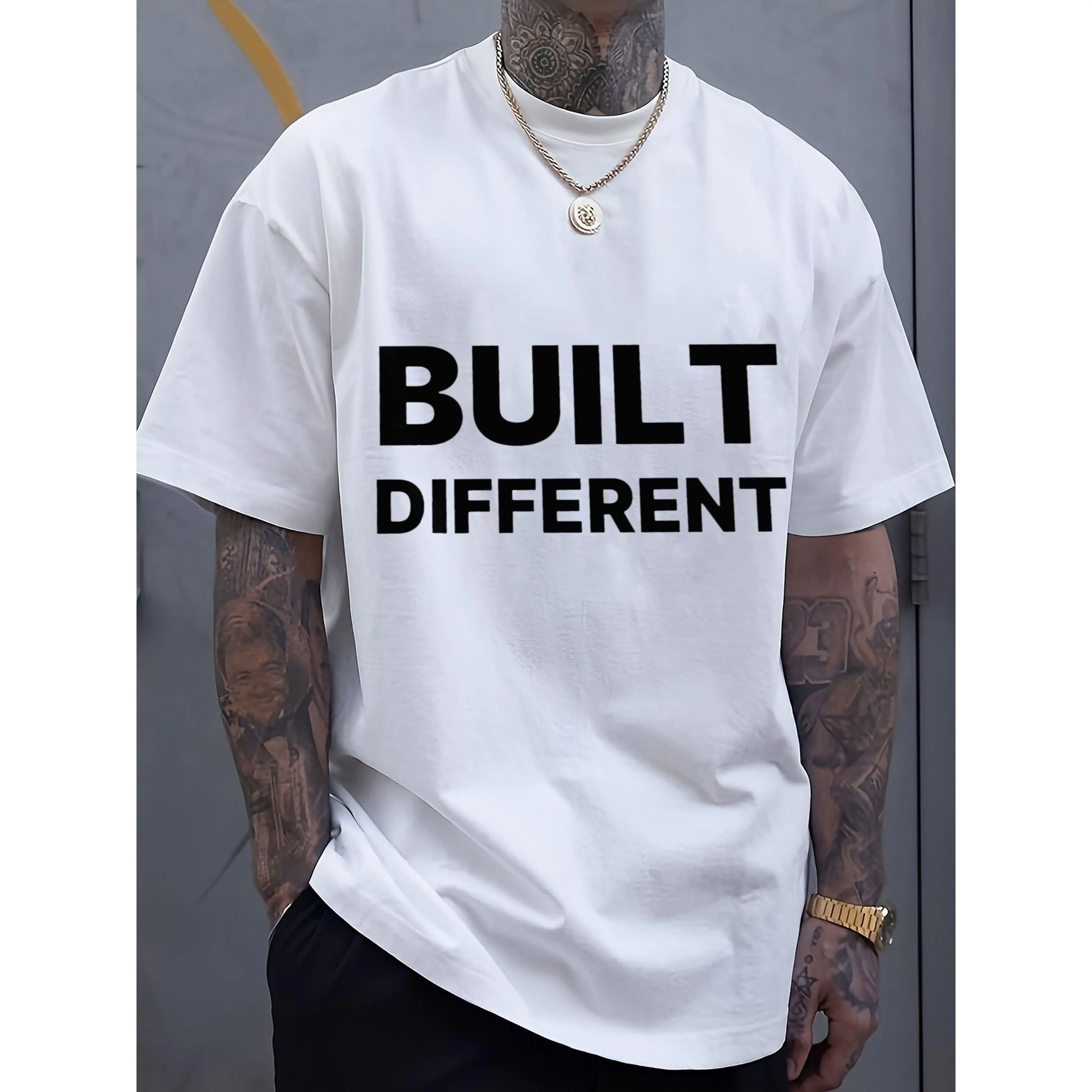 Women's Short-Sleeve "BUILT DIFFERENT" Graphic T-Shirt - Relaxed Fit Apparel Top with Bold Black Text, Comfortable Stylish for Everyday Wear, Casual Outings