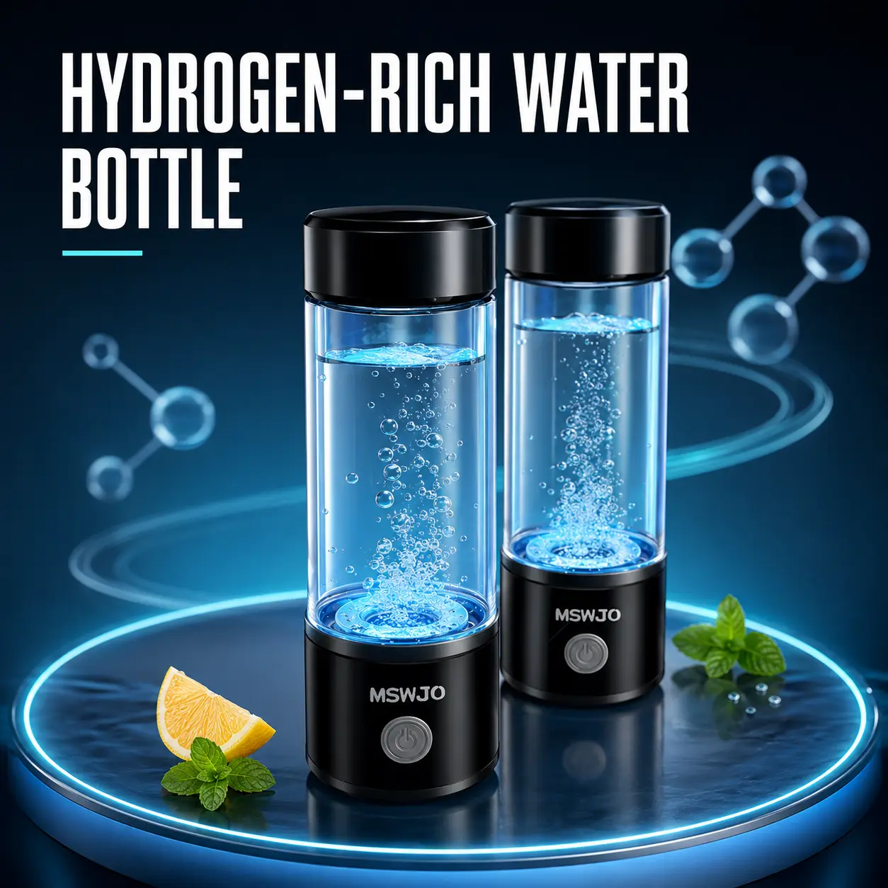 2026 Black Warrior 2PS Set Hydrogen Water Bottle 1500PPB Portable Hydrogen Water Bottle Generator Glass, Hydrogen Rich Water Dispenser with SPE & PEM Technology, for Home Office Fitness Travel Outdoor Sports