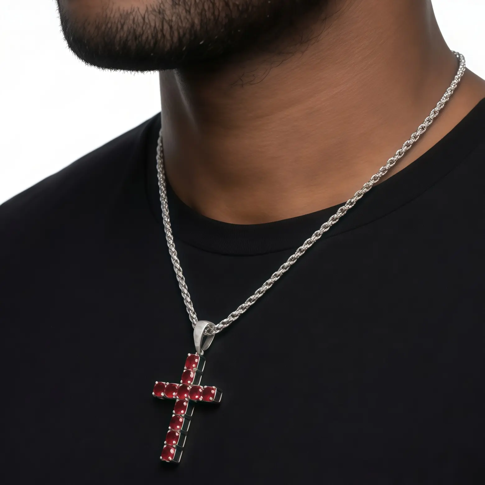 Unisex Silver-Plated Zircon Solid Cross Necklace - Egyptian Crystal Coptic Pendant Bead, Baby Stone Stainless Steel Chain, Hip-Hop Ice Crystal Design Artificial Gemstone Jewelry