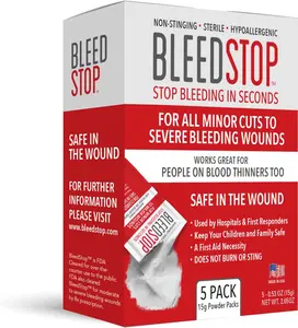 BleedStop First Aid Powder for Blood Clotting, Trauma Kit, Blood Thinner Patients, Camping Safety, and Survival Equipment for Moderate to Severe Bleeding Wounds or Nosebleeds 5 Pack