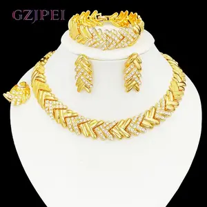 Fashion Jewelry Set Luxury Gold Plated Elegant Rhinestone Necklace Bracelet Wheat Ear Earring Ring Wedding Party Gift