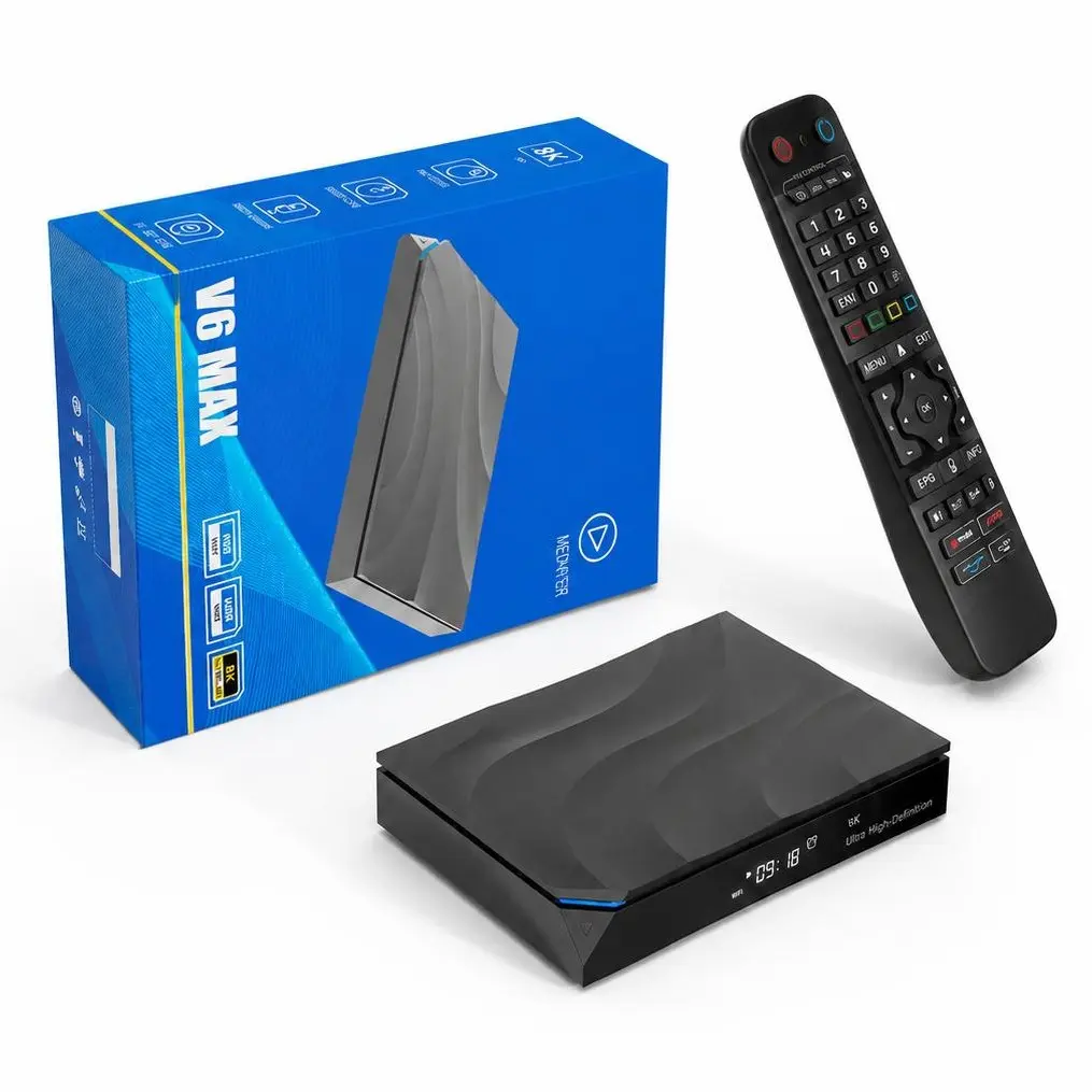V6 max TV box for home use, equipped with a wireless remote control.