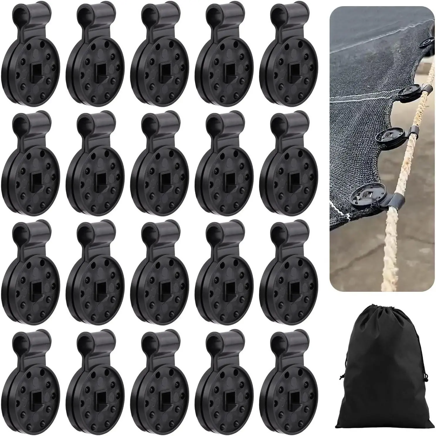 50-Piece Heavy Duty Black Plastic Shade Cloth Clips Kit - 3.7 cm Diameter Windproof Locking Clamps with 25x35 cm Drawstring Bag for Sunshade Net, Greenhouse Cover, Awning