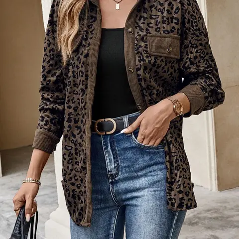 Women's Leopard Print Lapel Fitted Jacket Outerwear, Vintage and Unique Style, Casual Fall Jacket, Perfect for Daily Shopping, Coffee Dates, Casual Wear