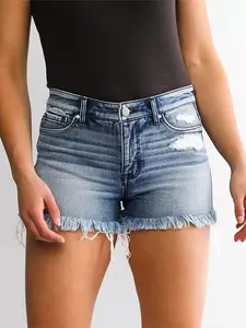 Womenswear Women's Mid-Waisted Stretchy Ripped Casual Summer Denim Shorts with Pockets