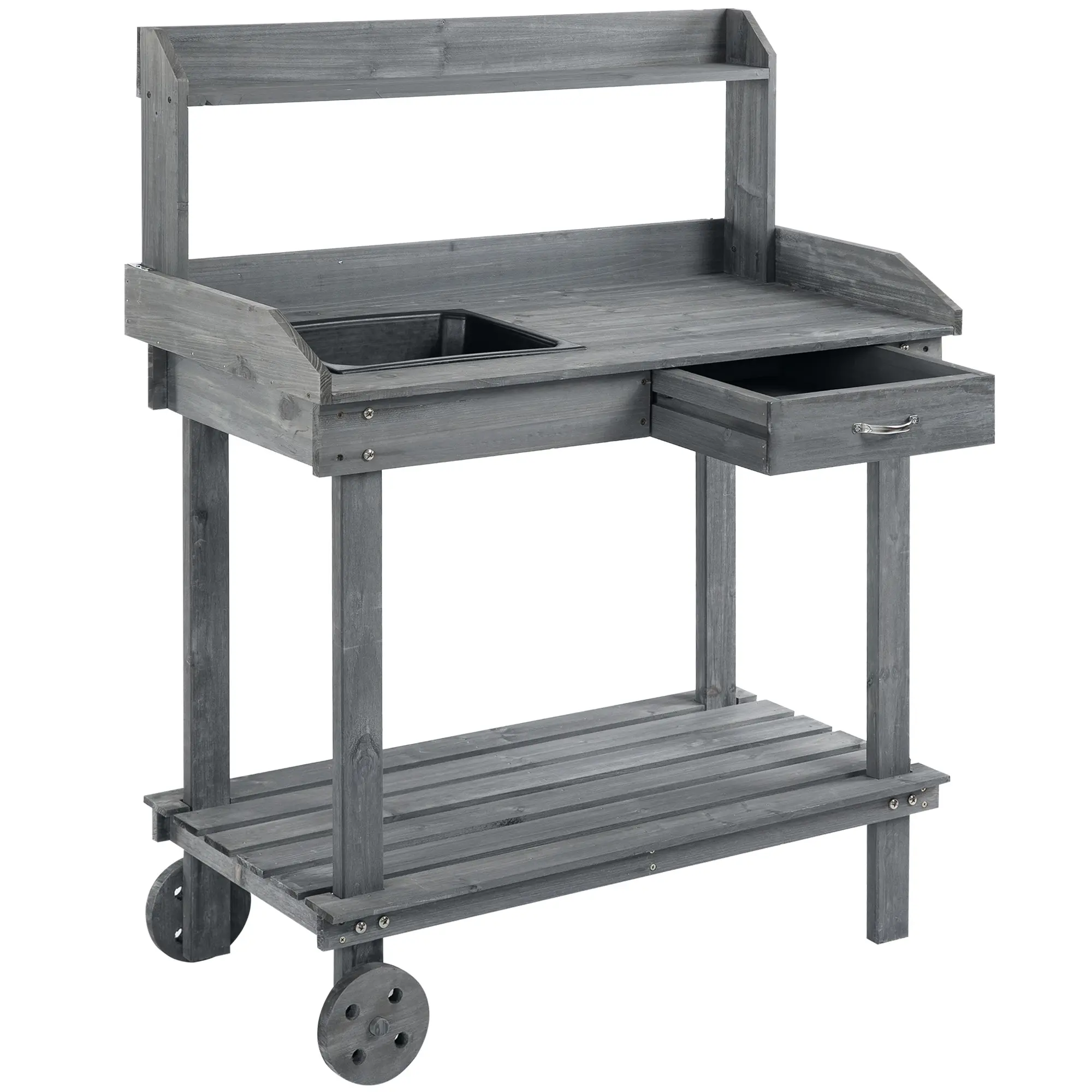 Outsunny Durable 3-Layer Solid Wood Potting Bench Work Table - 36.25" L x 17.75" W x 46.75" H, Functional Drawer Storage, Removable Sink, 2 Removable Wheels (Gray)
