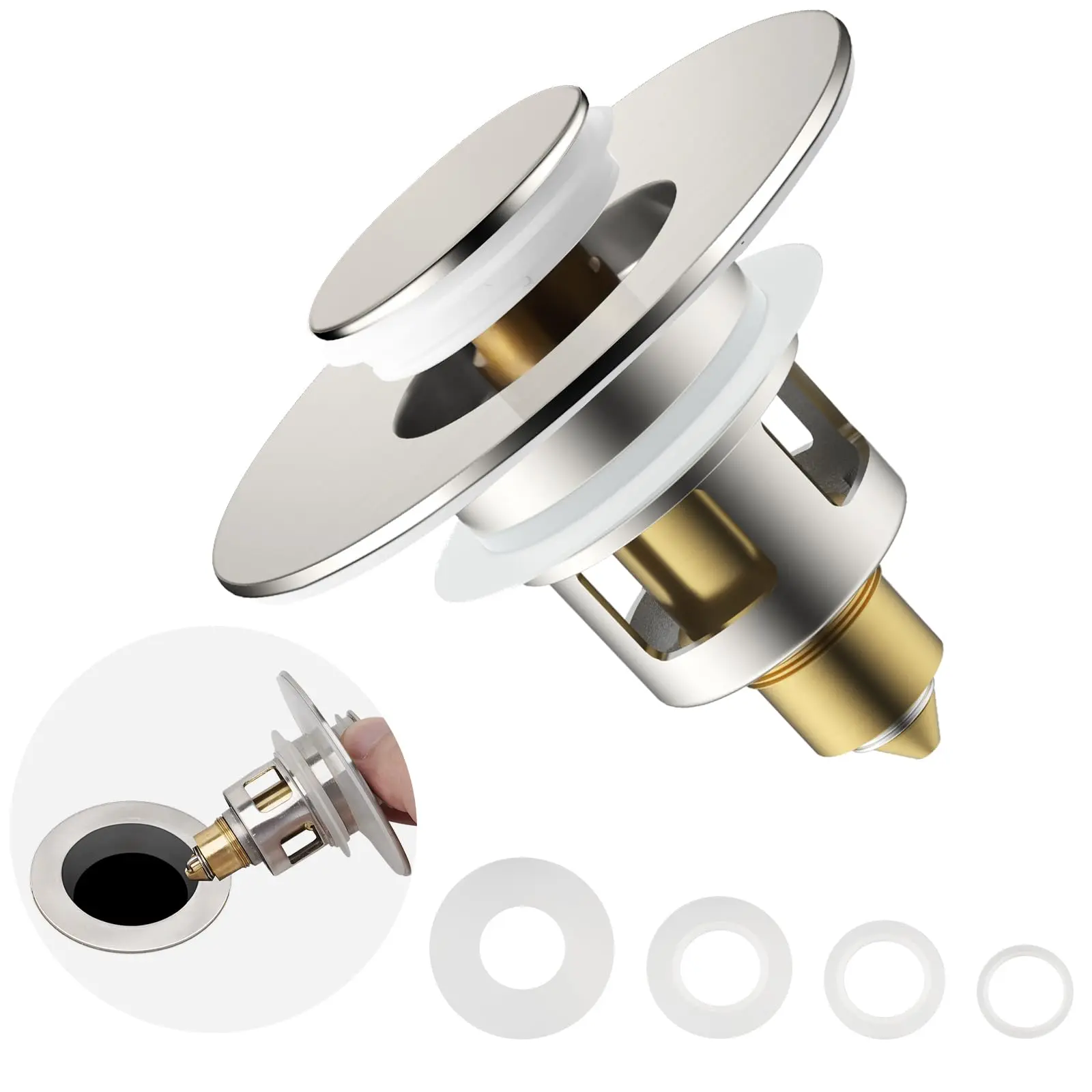Brushed Nickel All-Metal Brass Bathroom Sink Stopper - Push-Type Stainless Steel Upward-Opening Strainer with Bullet Core, Silicone Anti-Clog Water Seal, Adjustable Universal-Fit Plumbing Accessory for 1-1.8 Inches Standard Drain Holes (Father's Day Gift)