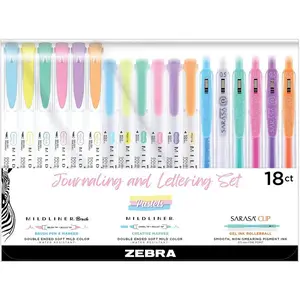 Zebra Pen Journaling & Lettering Set - 18-Pack with Mildliners, Brush Pens, Sarasa Gel Pens, Pastel Ink, Dual-ended, Water-resistant, Perfect for Planning & Hand-lettering