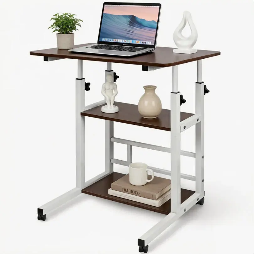 Portable Rolling Desk on Wheels Adjustable Height Desks for Small Spaces, 32" Computer Desk Drafting Tables with Storage Shelves for Home Office Rustic