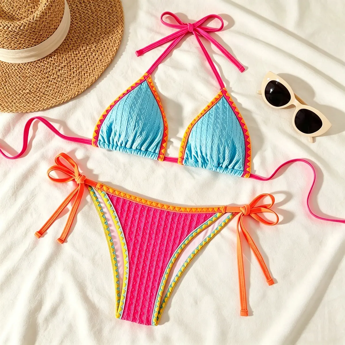 2026 New Fashion Color Block Two Piece Bikini Set for Women, Neon Pink Blue Tie Dye String Bikini with Contrast Trim, Self Tie Side Triangle Swimwear for Beach Vacation