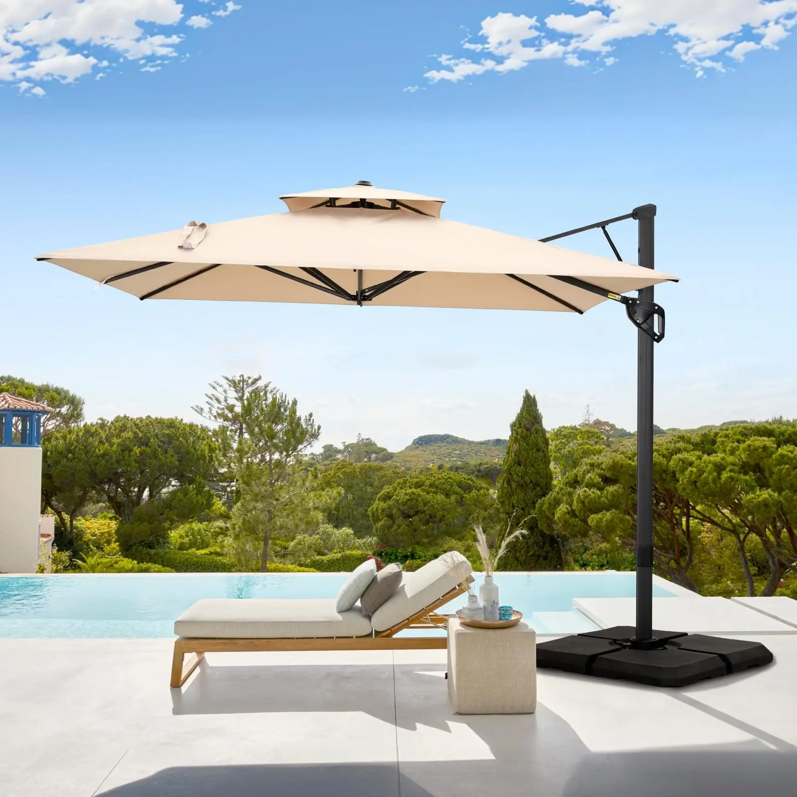 PHI VILLA 9ft X 12ft Cantilever Patio Umbrella with 360° Rotation, Heavy Duty Hydraulic Double Umbrella Windproof for Outdoor Use, Summer's Day
