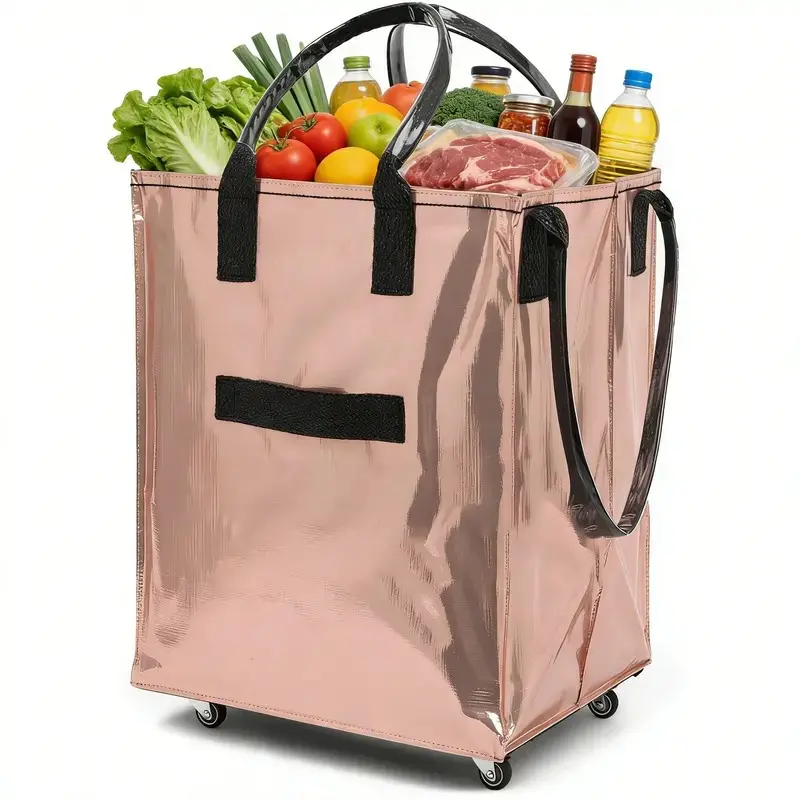 Foldable Reusable Rolling Grocery Bag, valentine gifts, home essentials, Foldable Rolling Tote Carries Up to 168lb Compact Fabric Design 4 Swivel Wheels Durable Polypropylene Handle Ideal for Shopping & Outdoor Use