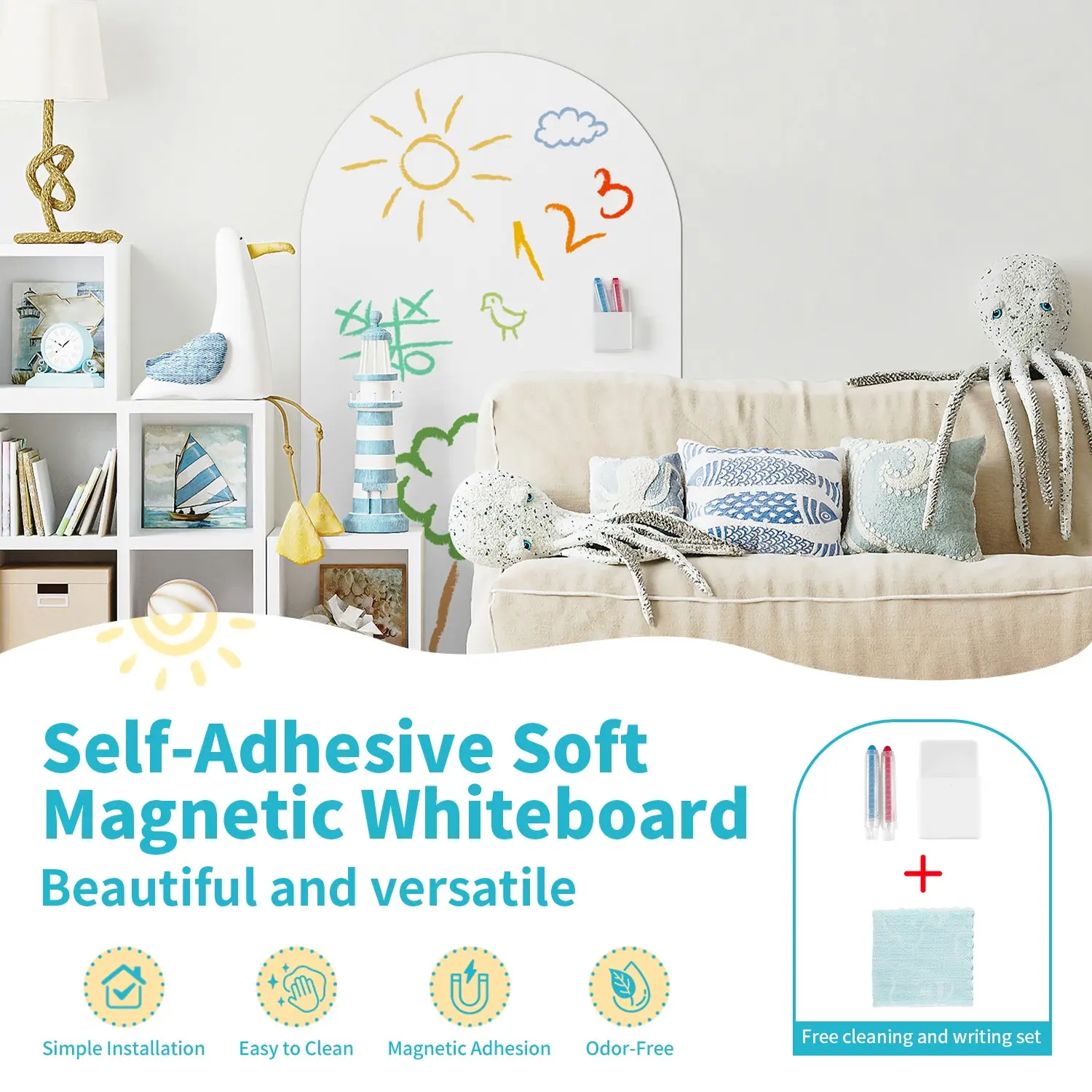 1 Self-Adhesive Soft Magnetic Whiteboard- Easy Installation, Strong Magnetism,Includes 1 Storage Box, 2 Water-Based Crayons And 1 Cloth(White),50x90cm Panel,Suitable For Schools, Homes And Offices