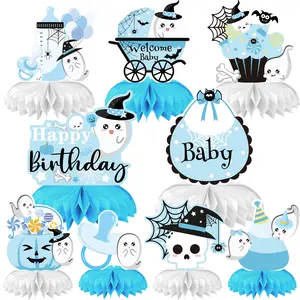 9 Pieces Blue Halloween Honeycomb Centerpieces Decoration, Baby is Brewing Baby Shower Decorations Halloween Baby Shower Party Decoration Gender Reveal Party Decoration Halloween Birthday Party Decorations