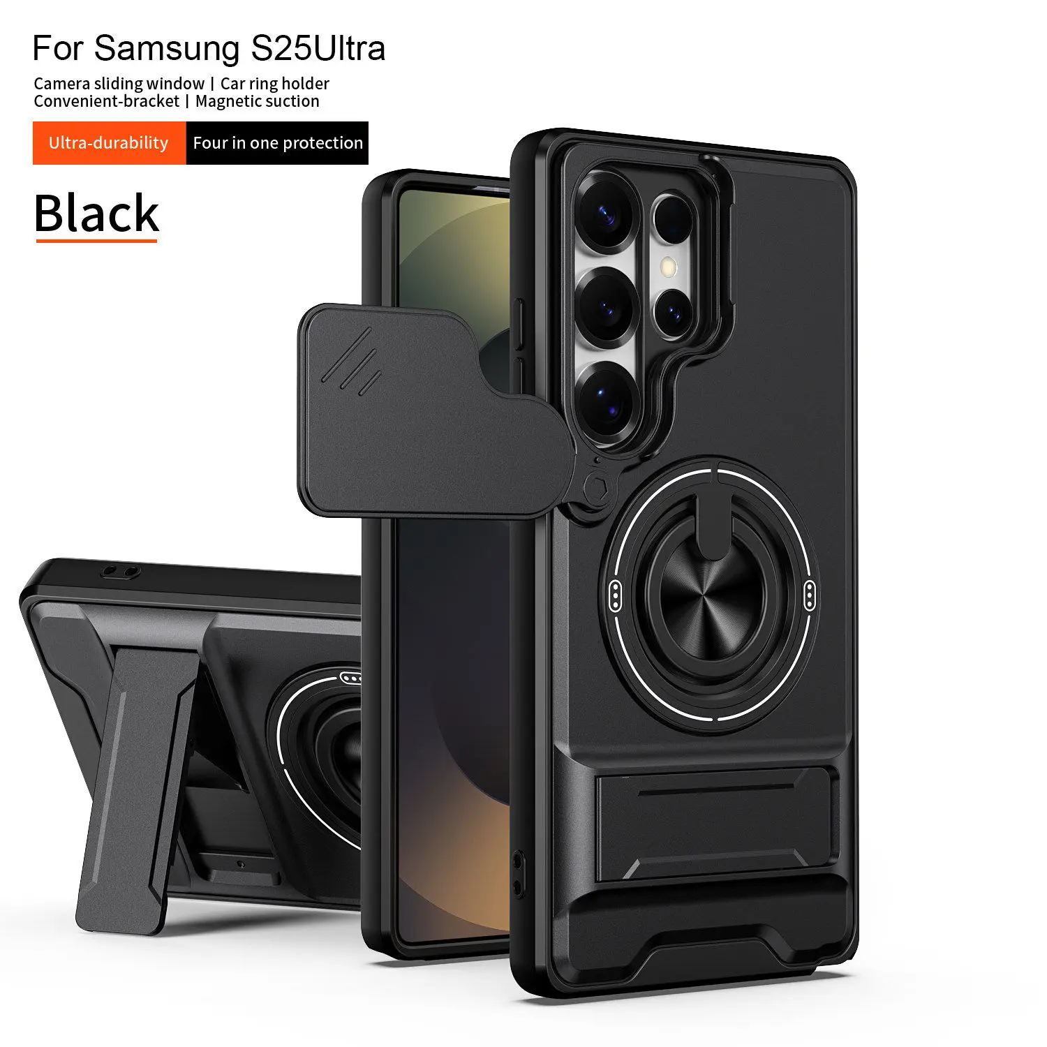Sliding Camera Cover Phone Case with Ring Holder Kickstand, Magnetic Car Mount Compatible, Heavy Duty Shockproof Protective Cover for Samsung S26 S25 S24 S23 S22 S21 S20 Note20 Ultra Plus FE A14 A15 A16 A35 A36, Four-in-One Military Grade Protection