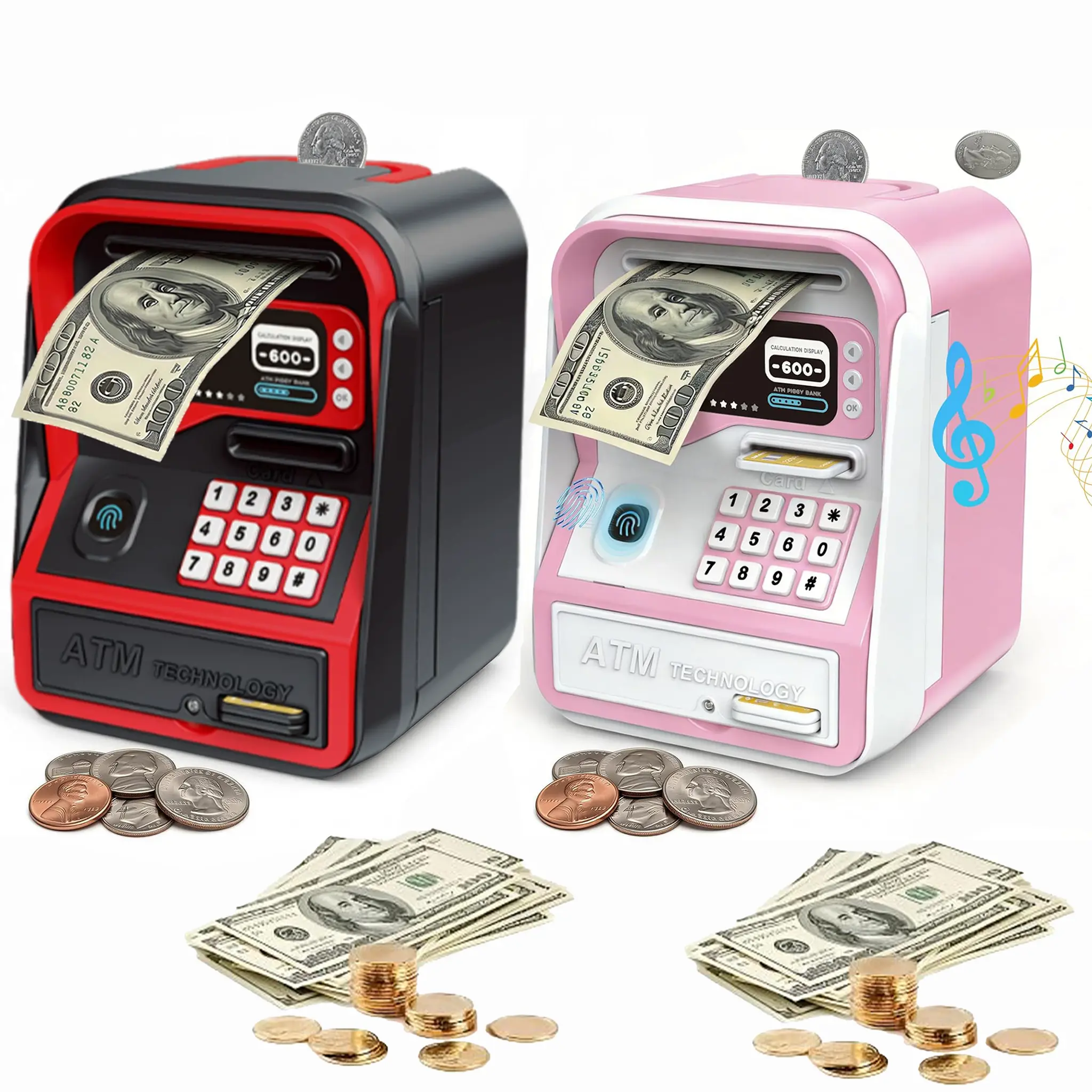 Electronic ATM Piggy Bank for Boys & Adults with Fingerprint & Password Code Lock, Auto Grab Bill Slot. Large Capacity Coin Bank for All US Coins.