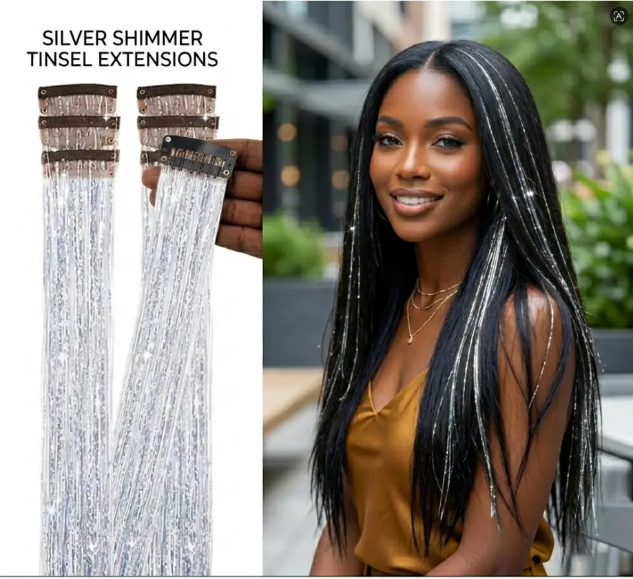 Clip in Hair Tinsel,24 Inches Glitter Tinsel Hair Extensions, Festival Tinsel Fairy Hair Extension Party Dazzle Hair Accessories Strands Kit | Washable,Hair Dryer Availabie,Combs Avaiiabie,Adjustabie Length |Heat resistant under 365°F，For Women Girls Kids