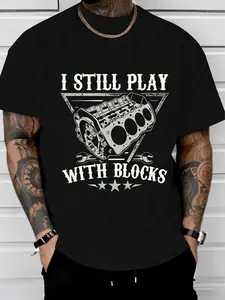 Viral TikTok Car Enthusiast Graphic T-Shirt, Fitted – Black Base With Vintage Distressed Engine Block/Wrench Print & "I STILL PLAY WITH BLOCKS" Humorous Text, Soft Comfy Cotton Fabric, Perfect For Cozy Home Lounging, Car Lover Casual Outfit