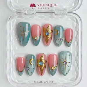 Younique Nails | 10PCS 100% Handmade Press-On Nails | Reusable Colorful Art Glossy Design Acrylic Luxury Long Lasting 3D Stylish Office Wear Floral Embellished Rhinestone salon-quality