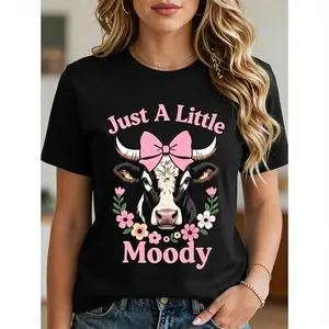 100% Cotton Highland Cow Just A Little Moody Flower Funny Farm Farmer T-Shirt Fabric Summer