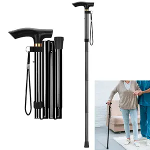 Foldable Cane, Adjustable Height 5 Levels, Lightweight Portable Travel Cane with Wrist Strap and T-Handle, Suitable for Seniors and Disabled, Adjustable Collapsible Cane