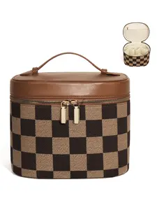 Fashion Checkered Pattern Makeup Bag, Travel Make up Case with Compartments and Handle, Portable Cosmetic Organizer Bags, With Removable Divider Toiletry Bag for Women, Makeup Storage Bag, Handheld Cosmetic Pouch
