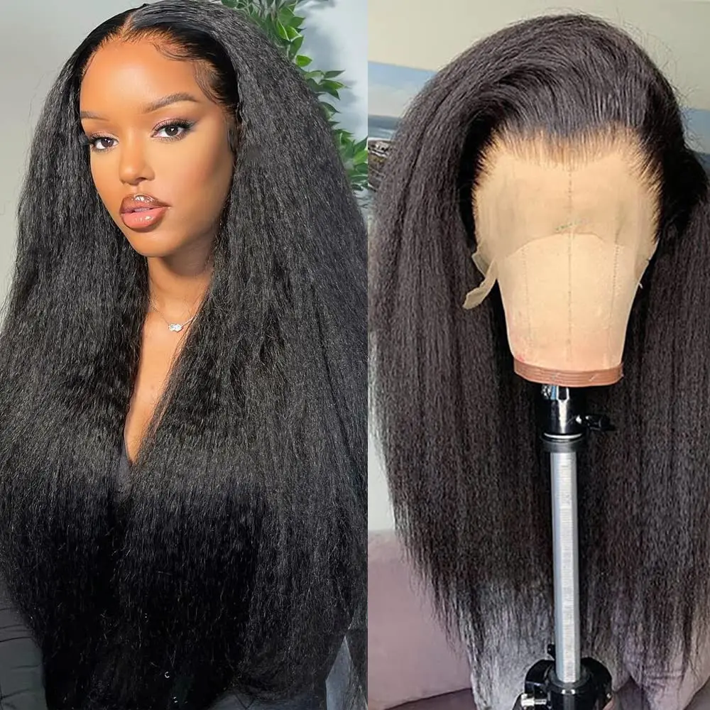 Lush Haute 13X6 Synthetic Lace Front Wig 26 inches Kinky Straight Lace Front Wig Pre Plucked 180% Density Yaki Straight Lace Front Wig Wigs For Black Women Heat Resistant Hair