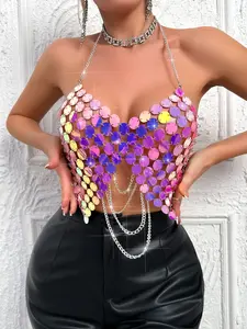 Women's Sequined Metal Fringe Top, Sparkling Metallic Halter Neck Crisscross Backless Vest, Elegant Evening Party Wear, Stylish Women's Clothing