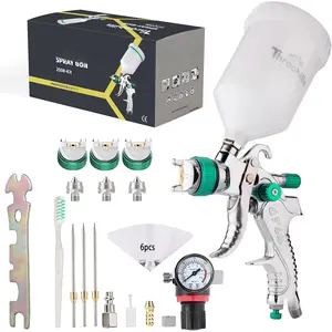 Professional HVLP Spray , 1.3/1.5/1.8mm Nozzle HVLP High Atomization Flow Adjustable Pneumatic Gravity Spray  with 600cc Cup & Gauge for  Touch-Up(Green)