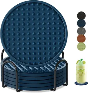 Coasters for Drinks 6 Pack Drinking Coasters with Holder,Heat Resistant Silicone Cup Mat Tabletop Protection,Non-Slip Rubber Coaster for Kinds of Cups (Blue)