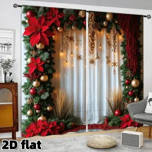 2D Flat 2Pcs Christmas Holiday Curtains Poinsettia Garland Print Rod Pocket Design Semi Sheer Polyester Fabric Festive String Lights Pattern Living Room Bedroom Window Treatment Home Decor Party Decoration Window Decorations Supplies