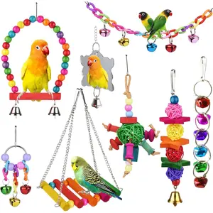 8 Pcs Bird Toys for Parakeet Cockatiel Parrots Cage Accessories Swing Wooden Perch Chewing Toy for Budgerigar Conures Love Birds Finches Budgies