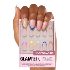Press On Nails - Sprinkles | Rainbow French Tip Nails, UV Finish Short Pointed Almond Shape, Reusable Semi-Transparent Nails in 12 Sizes - 24 Nail Kit with Glue