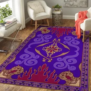 Aladdin's Flying Magic Carpet Colorful Rug Aladdin Carpet Purple Carpet With Red Fire Cat Tiger Pattern Flower Abstract Ornate Vintage Rectangular Floor Mat Non-Slip Floor Carpet, Decoration Mat for home Living Room Bedroom, Room Decor, Home Decor