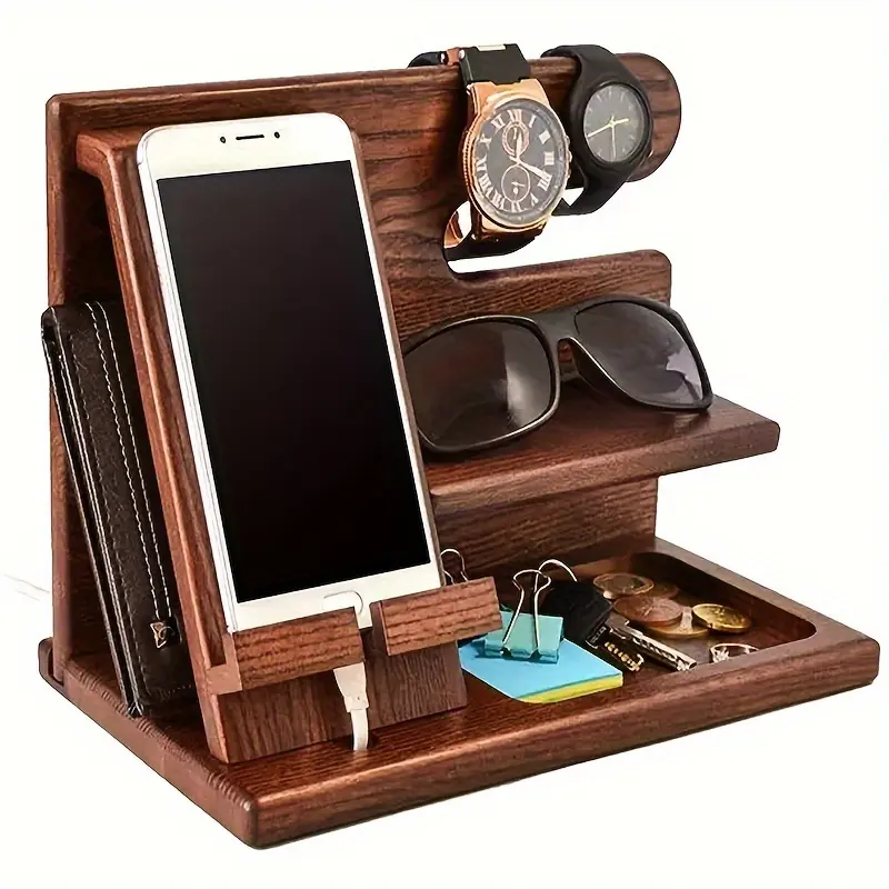 [Wooden Desk Organizer] Multi-Functional Wooden Desk Organizer - Phone Dock, Charging Station, Hidden Wallet Compartment, Glasses/Pen Shelf, Watch Holder, Coaster, and Small Tray - Ideal Men's Gift