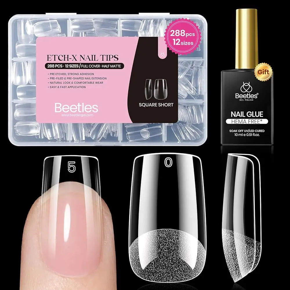 Beetles Etch-X Gel Nail Tips Kit, 288Pcs 12 Sizes Pre-Etched Half Matte Clear Nail Tips with 10ml HEMA-Free Nail Glue Gel, Almond Coffin Square Oval Stiletto Squoval Acrylic False Nails for DIY Extension Manicure
