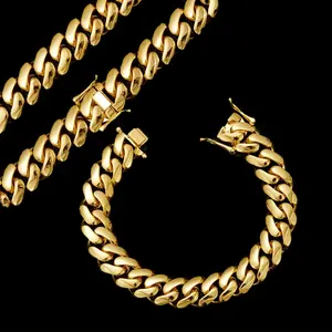 Men's Bold 2-Piece Costume Jewelry Set - 18 Karat Gold-Plated Stainless Steel, 14mm Cuban Chain Statement Necklace & Edgy Punk Flat Buckle Bracelet, Hip-Hop Accessory