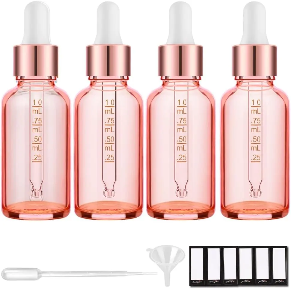 PrettyCare 4 Pack 1oz Dropper Bottles for Essential Oils with Labels, Funnel & Measured Pipettes, 30 ml Leak Proof Rose Glass Essential Oils Bottles- Empty Tincture Bottles for Personal Care & Beauty